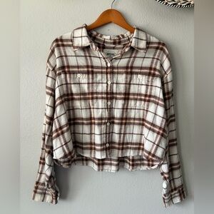 American Eagle Outfitters Cozy Cropped Flannel Shirt Brown Cream Plaid Large